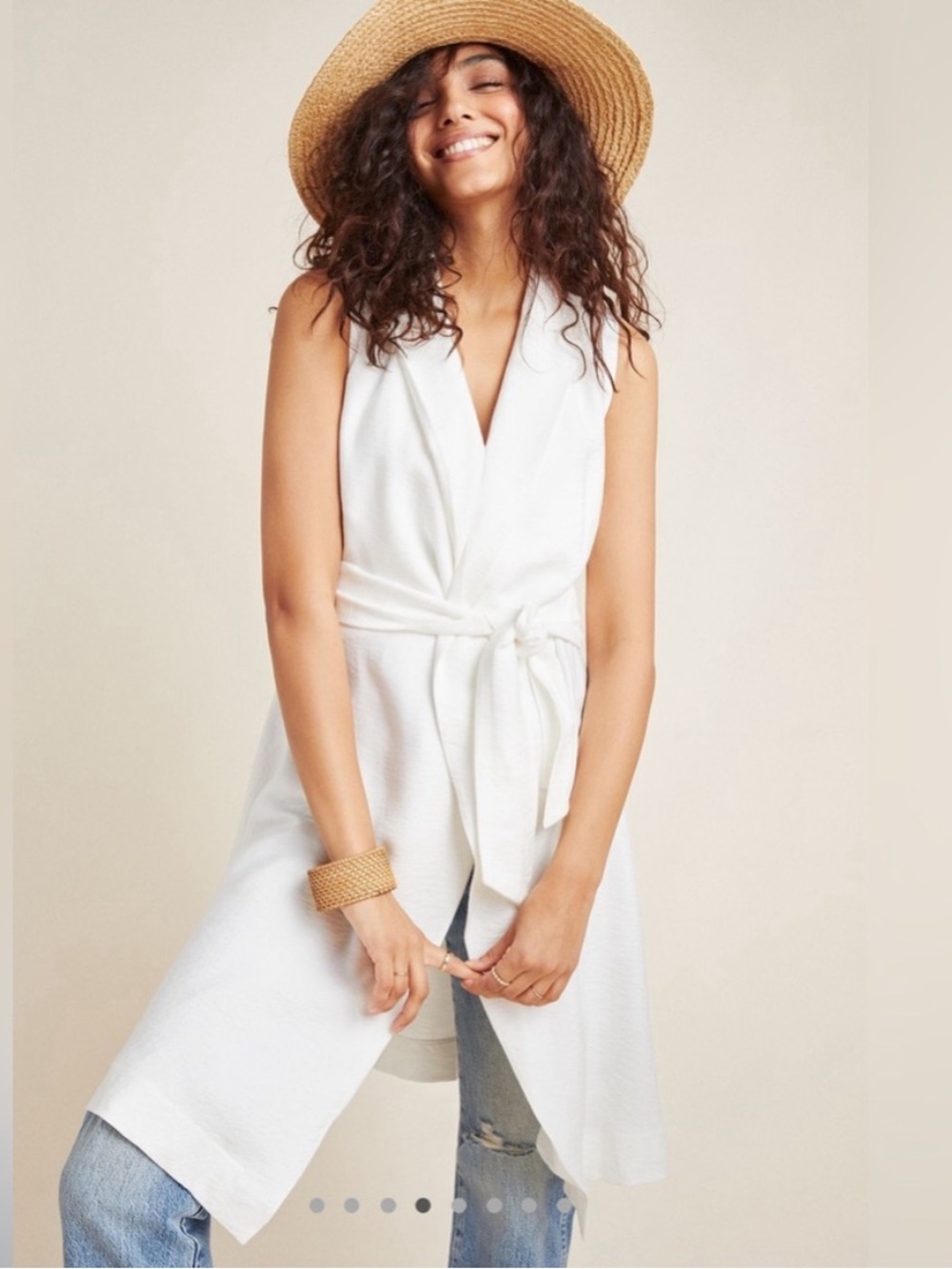 Anthropologie White Longline Vest Belted Draped Cardigan Coastal Beach M/L